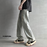 Men Jeans Summer Retro Tattered Jeans Straight Loose Casual Pants